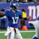 Dec 19, 2021; East Rutherford, N.J., USA; New York Giants quarterback Jake Fromm (17) throws late in the fourth quarter against the Dallas Cowboys at MetLife Stadium.