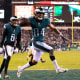 Dec 21, 2021; Philadelphia, Pennsylvania, USA; Philadelphia Eagles wide receiver Greg Ward (84) celebrates in front of wide receiver DeVonta Smith (6) after his touchdown catch against the Washington Football Team during the fourth quarter at Lincoln Financial Field.