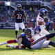 Jan 2, 2022; Chicago, Illinois, USA; New York Giants safety Logan Ryan (23) makes an interception on Chicago Bears tight end Cole Kmet (85) but was called back for pass interfence during the second half at Soldier Field.