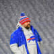 Dec 6, 2021; Orchard Park, New York, USA; Buffalo Bills offensive coordinator Brian Daboll looks on during a snow storm prior to the game against the New England Patriots at Highmark Stadium.