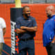 Aug 21, 2021; Chicago, Illinois, USA; Chicago Bears defensive coordinator Sean Desai and Buffalo Bills offensive coordinator Brian Daboll talk during warmups before the game against the Chicago Bears at Soldier Field.