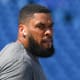 Aug 28, 2021; Orchard Park, New York, USA; Buffalo Bills offensive guard Jamil Douglas (77) looks on prior to the game against the Green Bay Packers at Highmark Stadium.
