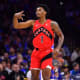 Toronto Raptors guard Armoni Brooks (1) reacts after scoring a three point shot in the fourth quarter against the Philadelphia 76ers at Wells Fargo Center.