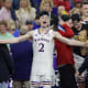 Apr 4, 2022; New Orleans, LA, USA; Kansas Jayhawks guard Christian Braun (2) reacts after defeating the North Carolina Tar Heels during the 2022 NCAA men's basketball tournament Final Four championship game at Caesars Superdome. Stephen Lew-USA TODAY Sports