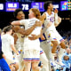 Apr 4, 2022; New Orleans, LA, USA; The Kansas Jayhawks celebrate after beating the North Carolina Tar Heels during the 2022 NCAA men's basketball tournament Final Four championship game at Caesars Superdome. Robert Deutsch-USA TODAY Sports
