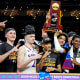Apr 4, 2022; New Orleans, LA, USA; The Kansas Jayhawks celebrate after beating the North Carolina Tar Heels during the 2022 NCAA men's basketball tournament Final Four championship game at Caesars Superdome. Robert Deutsch-USA TODAY Sports