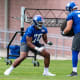 May 13, 2022; East Rutherford, NJ, USA; New York Giants offensive lineman Evan Neal (70) practices a drill during rookie camp at Quest Diagnostics Training Center.