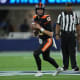 Oregon State Beavers quarterback Chance Nolan (10) throws the ball against the Utah State Aggies in the first half of the 2021 LA Bowl at SoFi Stadium.