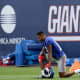 Giants wide receiver Kenny Golladay takes a moment to rest during Giants practice, in East Rutherford.