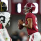 Alabama Crimson Tide quarterback Bryce Young (9) looks to pass against Vanderbilt Commodores during the first half at Bryant-Denny Stadium.