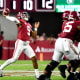 Alabama Crimson Tide quarterback Bryce Young (9) throws a touchdown pass against the Vanderbilt Commodores at Bryant-Denny Stadium.