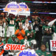 Dec 16, 2023; Atlanta, GA, USA; Florida A&amp;M Rattlers players celebrate after a victory against the Howard Bison in the Celebration Bowl at Mercedes-Benz Stadium.