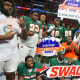 Dec 16, 2023; Atlanta, GA, USA; Florida A&amp;M Rattlers players celebrate after a victory against the Howard Bison in the Celebration Bowl at Mercedes-Benz Stadium.
