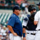 Jul 31, 2016; Detroit, MI, USA; Detroit Tigers pitching coach Rich Dubee (52) talks to catcher James McCann (34) and starting pitcher Mike Pelfrey (37) during the third inning against the Houston Astros at Comerica Park. Mandatory Credit: Rick Osentoski-USA TODAY Sports  