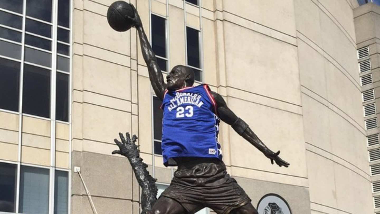 Michael Jordan statue wearing McDonald's All-American jersey