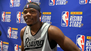 Bennedict Mathurin and Oscar Tshiebwe of Indiana Pacers battle in Rising Stars event at NBA All-Star weekend, Mathurin wins MVP