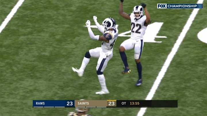 WATCH: John Johnson Intercepts Drew Brees in OT, Mimics Saints With 'Choppa-Style' Dance
