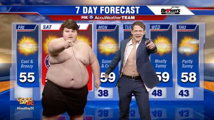 Slip-n-Sliding Nationals Fan Does Shirtless Chest Bump With Local Weatherman