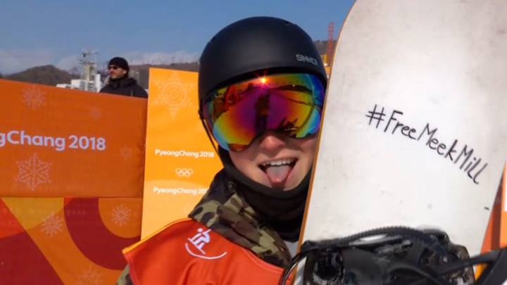 Slovenian Snowboarder Tit Štante Writes 'Free Meek Mill' on Snowboard At Winter Olympics