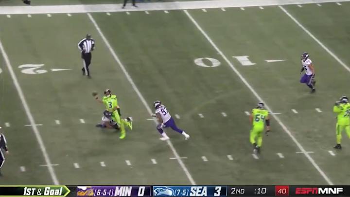 Watch: Russell Wilson Throws Disastrous Interception to End First Half vs. Vikings