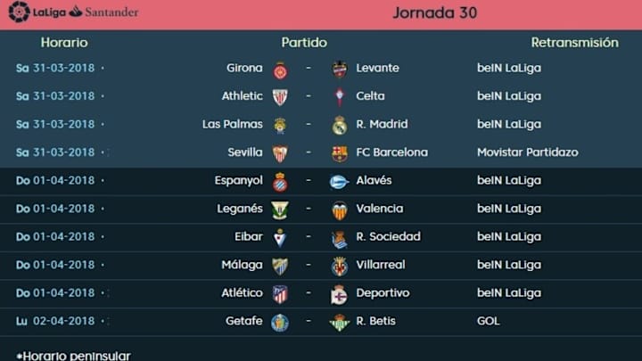 Todos los partidos y horarios de la jornada 30 de LaLiga Santander