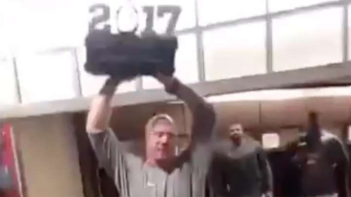 Watch: Alabama Strength Coach Scott Cochran Destroys Last Year's Runner-Up Trophy Watch: Alabama Strength Coach Scott Cochran Destroys Last Year's Runner-Up Trophy