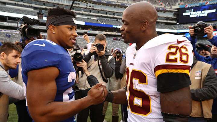 Watch: Adrian Peterson Shares Words of Encouragement With Saquon Barkley Postgame