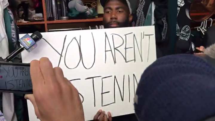 Watch: Malcolm Jenkins Responds to Questions by Holding Up Signs on Criminal Justice System