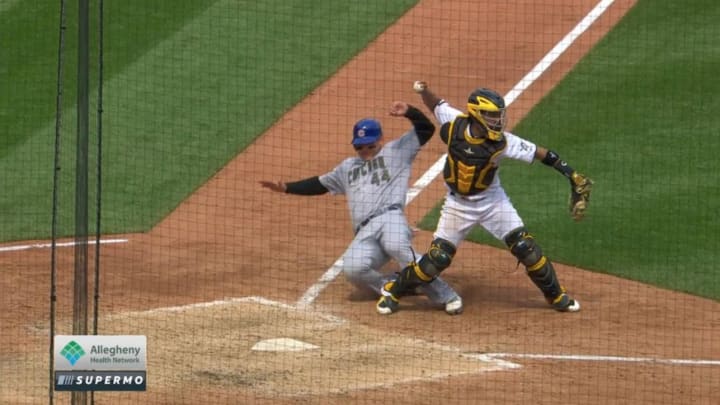 Watch: Anthony Rizzo Slides Into Home, Clips Pirates Catcher Elias Diaz in the Leg