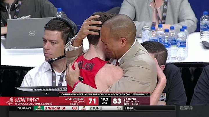 Fairfield Coach Sydney Johnson and All-Time Leading Scorer Tyler Nelson Share Tearful Embrace Fairfield Coach Sydney Johnson and All-Time Leading Scorer Tyler Nelson Share Tearful Embrace