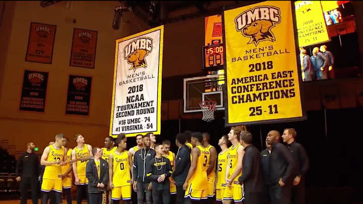 Watch: UMBC Raises Banner to Commemorate NCAA Tournament Upset vs. Virginia