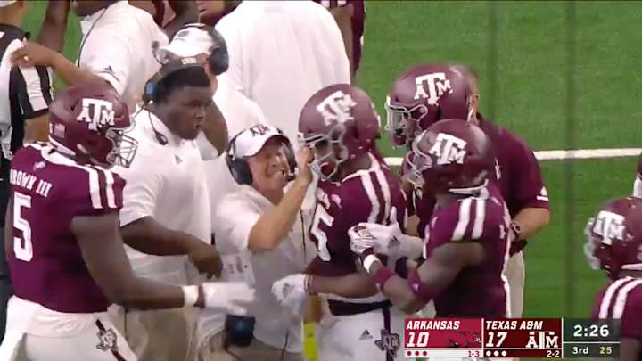Watch: Jimbo Fisher Grabs Texas A&M Player by Facemask After Shove Against Arkansas