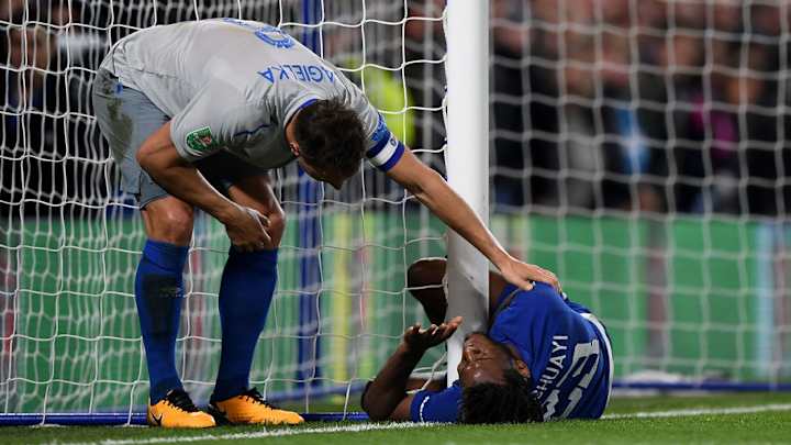 VIDEO: Michy Batshuayi Tells Fans He's Alright Despite Crashing Into Goal Post Against Everton