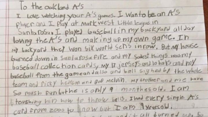 Young Athletics Fan Writes Letter To Team After Losing Baseball Memorabilia in Wildfire Young Athletics Fan Writes Letter To Team After Losing Baseball Memorabilia in Wildfire