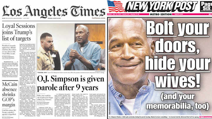 Newspaper Front Pages Around the Country React to O.J. Simpson’s Parole Newspaper Front Pages Around the Country React to O.J. Simpson’s Parole