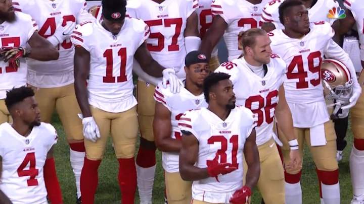 49ers Safety Eric Reid Kneels During National Anthem, Continues Protest 49ers Safety Eric Reid Kneels During National Anthem, Continues Protest