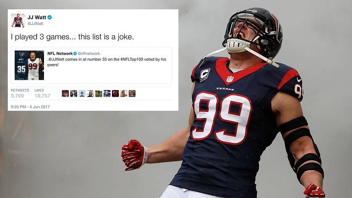 J.J. Watt thinks his peers ranked him too highly on the NFL’s annual Top 100
