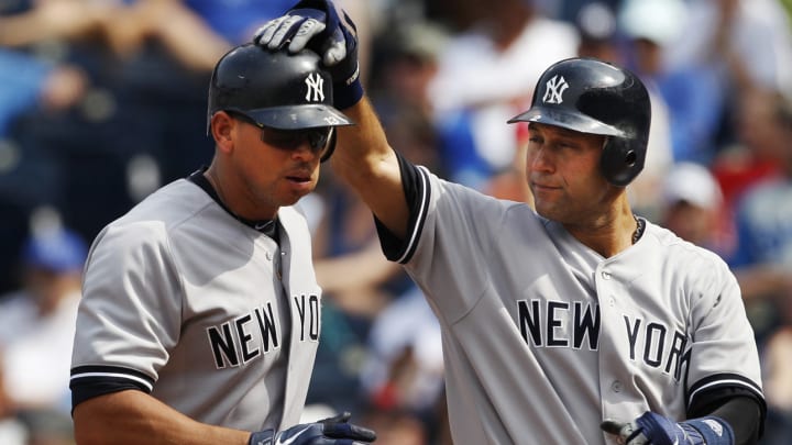 Alex Rodriguez congratulates Derek Jeter on jersey retirement