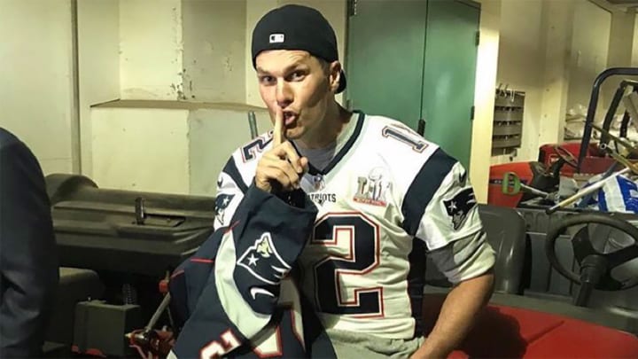 Watch: Rob Gronkowski steals Tom Brady's Super Bowl LI jersey after first pitch Watch: Rob Gronkowski steals Tom Brady's Super Bowl LI jersey after first pitch