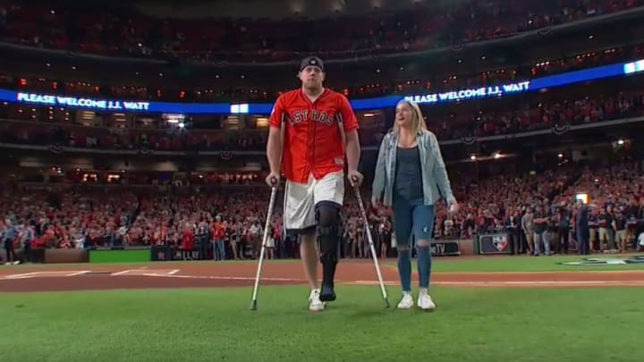 Watch: J.J. Watt Throws Out First Pitch for World Series Game 3 On Crutches Watch: J.J. Watt Throws Out First Pitch for World Series Game 3 On Crutches