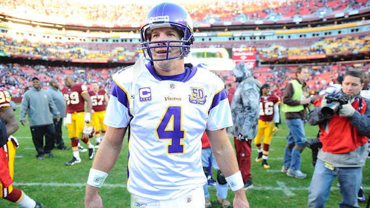A protester hung from a banner in a Brett Favre jersey at the Vikings game