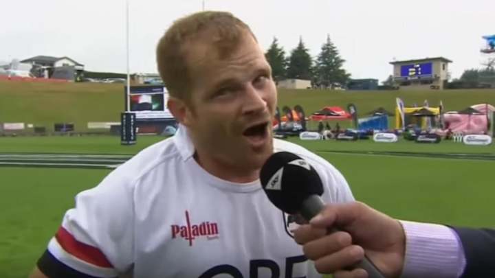 Rugby player ends outrageous interview by singing Barney song to his kids Rugby player ends outrageous interview by singing Barney song to his kids