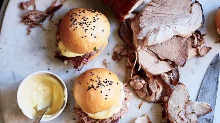 Roast Pork Sandwiches with Three-Cabbage Slaw and Aioli