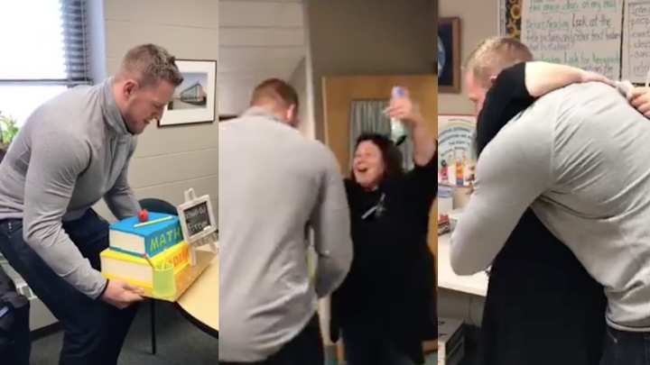 Video: J.J. Watt adorably surprised his fourth grade teacher for her retirement Video: J.J. Watt adorably surprised his fourth grade teacher for her retirement