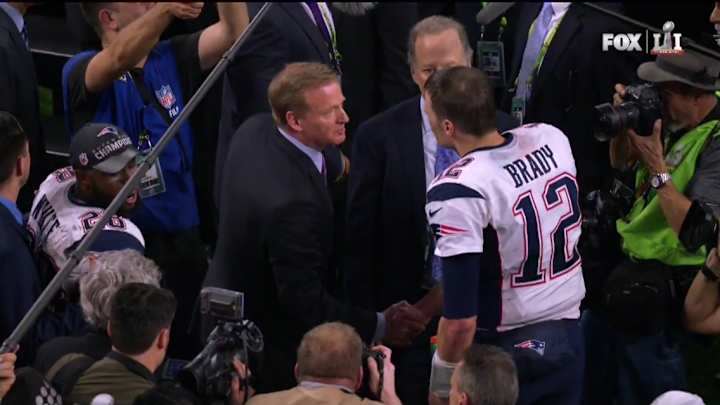 Watch: Roger Goodell shakes hands with Tom Brady after Patriots' Super Bowl win