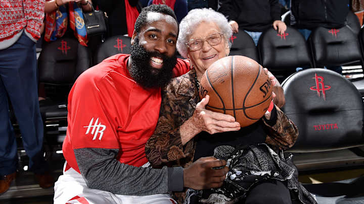 James Harden gives game ball to fan for her 100th birthday