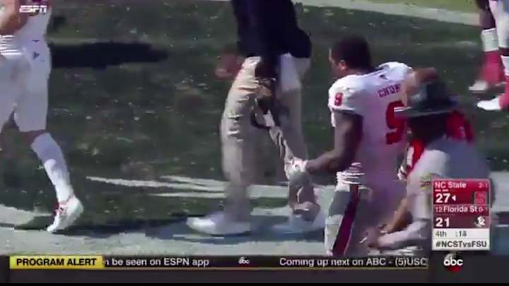 Watch: NC State's Bradley Chubb Spits on Florida State Logo After He Dominated the Game Watch: NC State's Bradley Chubb Spits on Florida State Logo After He Dominated the Game