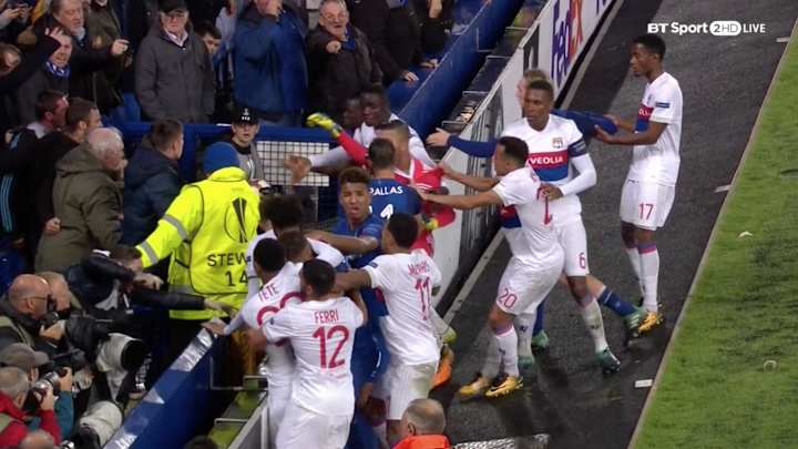 Everton Fans, Including Man With Baby, Jump in Fight With Lyon Players