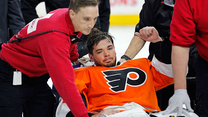 Flyers goalie Michal Neuvirth carted off ice after collapsing in crease Flyers goalie Michal Neuvirth carted off ice after collapsing in crease