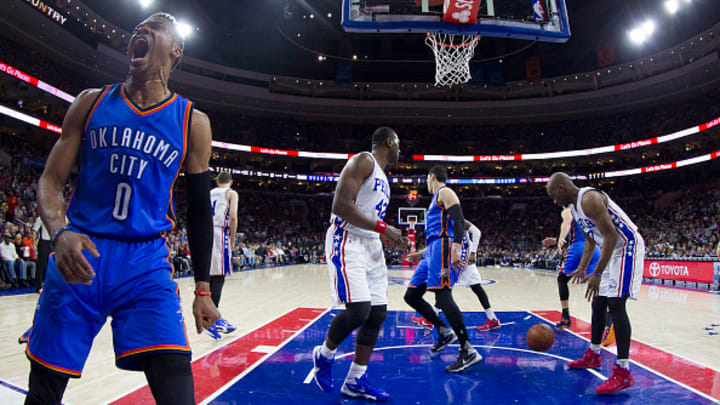 Westbrook's 13th triple-double helps Thunder down 76ers